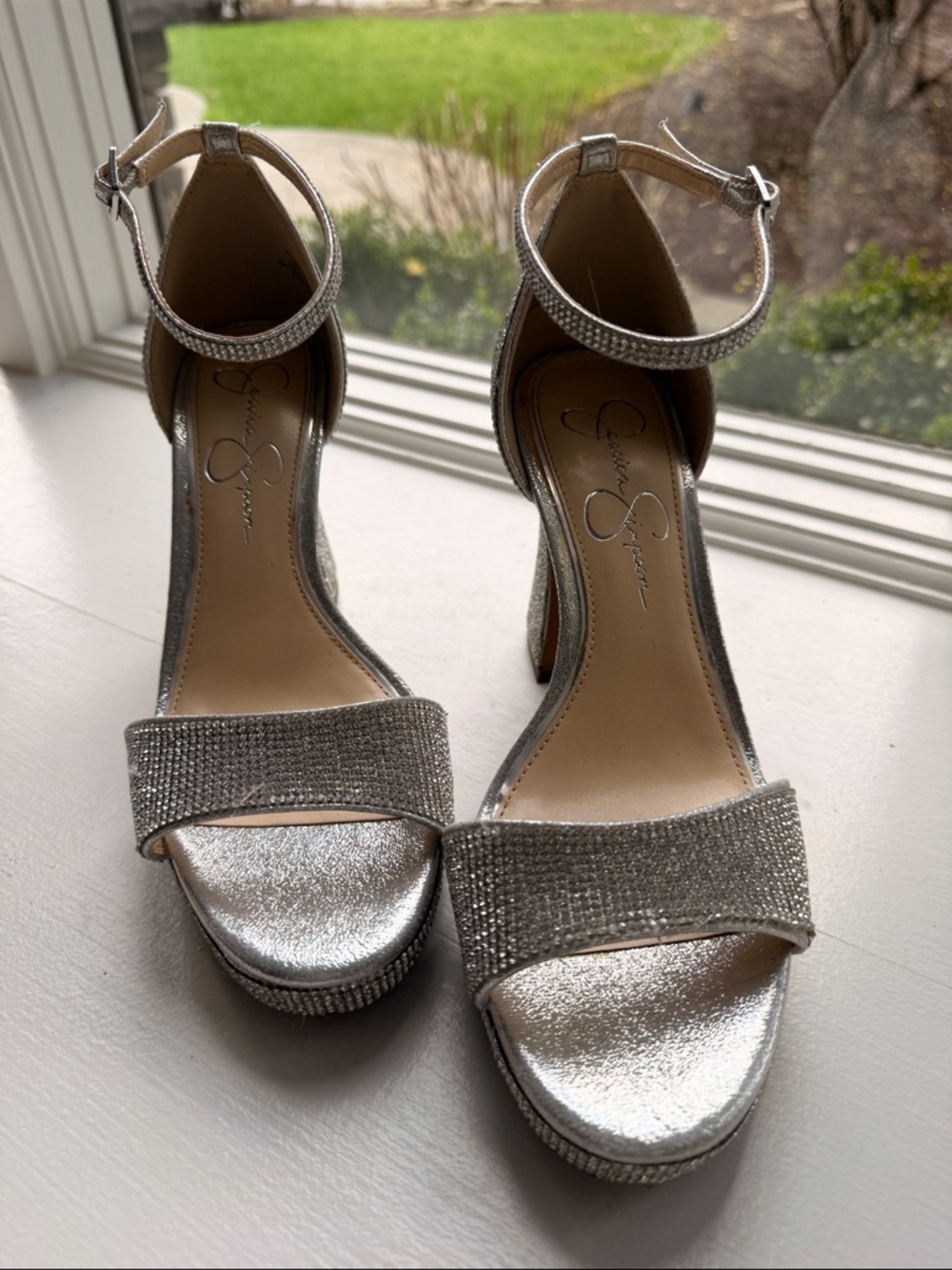 Jessica Simpson Silver Rhinestone Ankle-Strap Heels